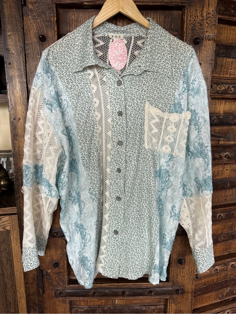 POL Patchwork-Print Button-Up Shirt in Light Blue and Cream